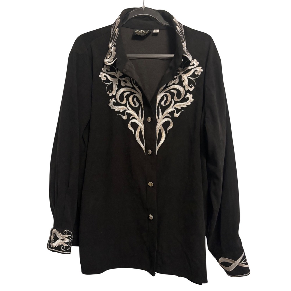 Black Button-Down Shirt with Silver Embroidered Scrolls